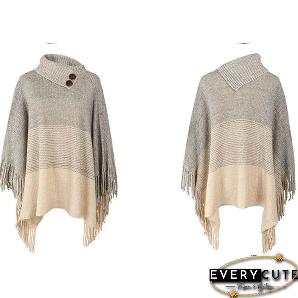 Women's Tassel Design Casual Shawl Cloak Coat Color Block Hooded Knitted Cloak And Shawl Top