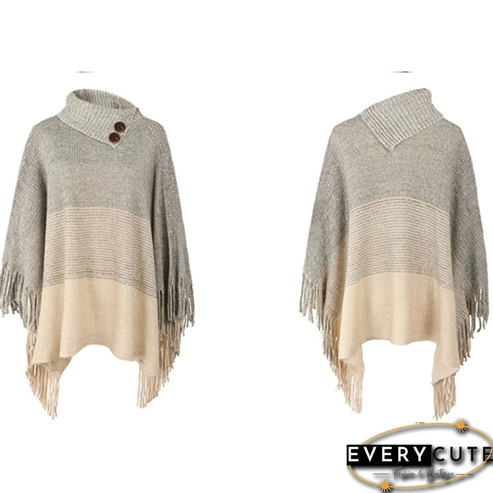 Women's Tassel Design Casual Shawl Cloak Coat Color Block Hooded Knitted Cloak And Shawl Top