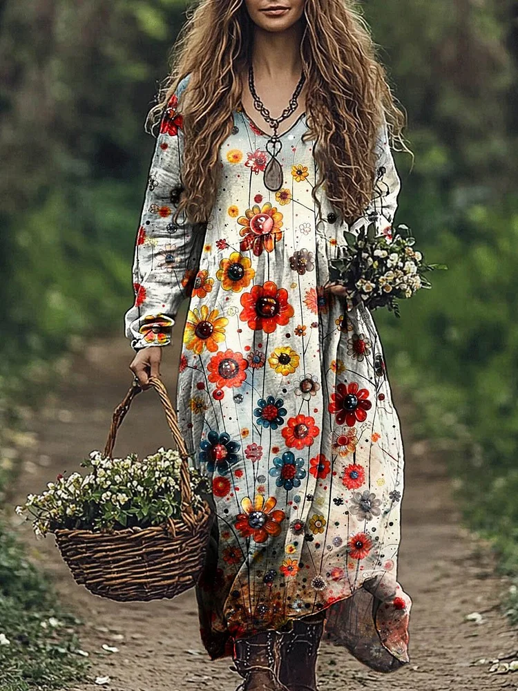 Women's Lovely Floral Art Print Pocket Cotton Dress