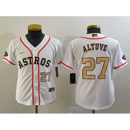 Youth Houston Astros #27 Jose Altuve White 2023 Gold Collection With World Serise Champions Patch Stitched Baseball Jersey PD43