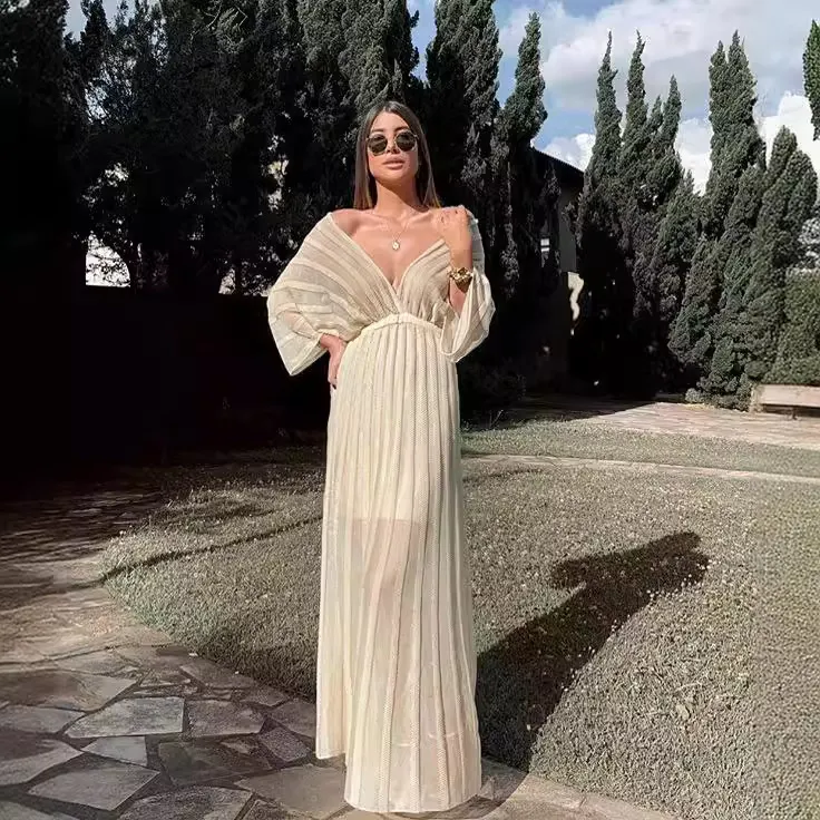 Uveng Uveng Summer New Women's Sexy Thin Dress V Collar Shawl Sleeve Hollow White Dress