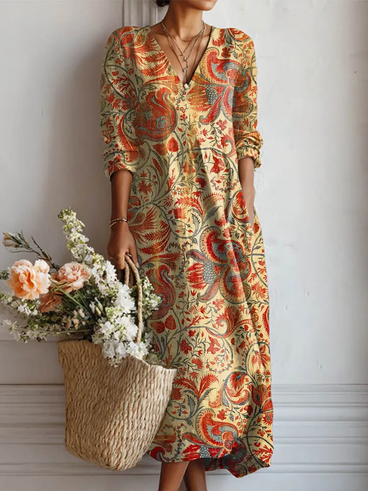 Women's Vintage Floral Art Print Causal Cotton Linen Pocket Dress
