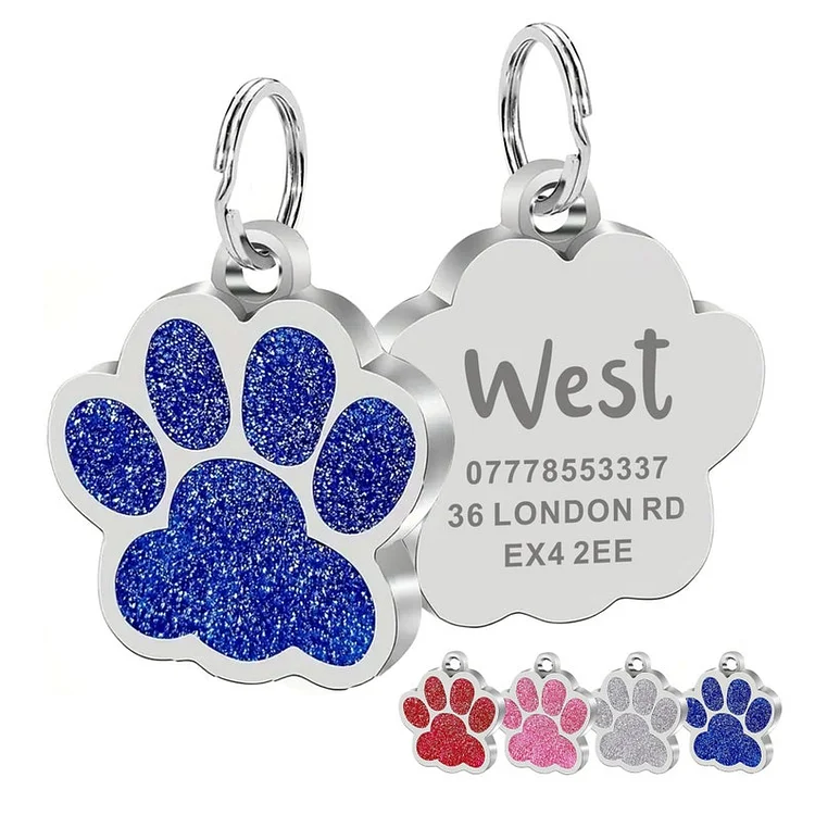 Custom Engraved Pet ID Tag - Personalized Stainless Steel Dog & Cat Tag with Glitter Paw Print Design