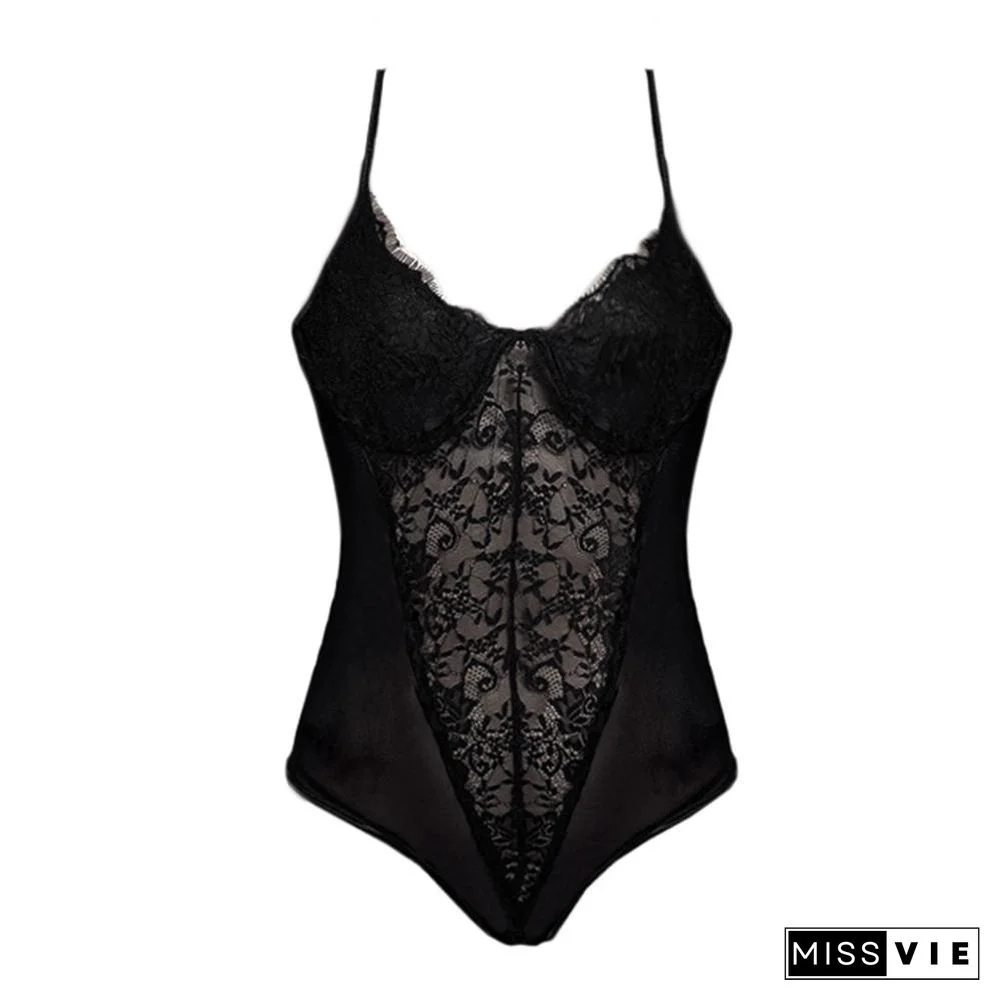 Womens Lace Bodysuit V Neck Sexy Skinny Body Suit Mujer Sleeveless Camisole Backless Transparent Patchwork Bodysuits Plus Size