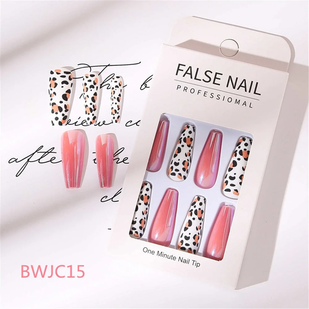 24 Pcs Long Design Ballet Coffin Fake Nails Sequins False Nail Artificial Plastic Press On False Nail Tips Manicure Nail Art