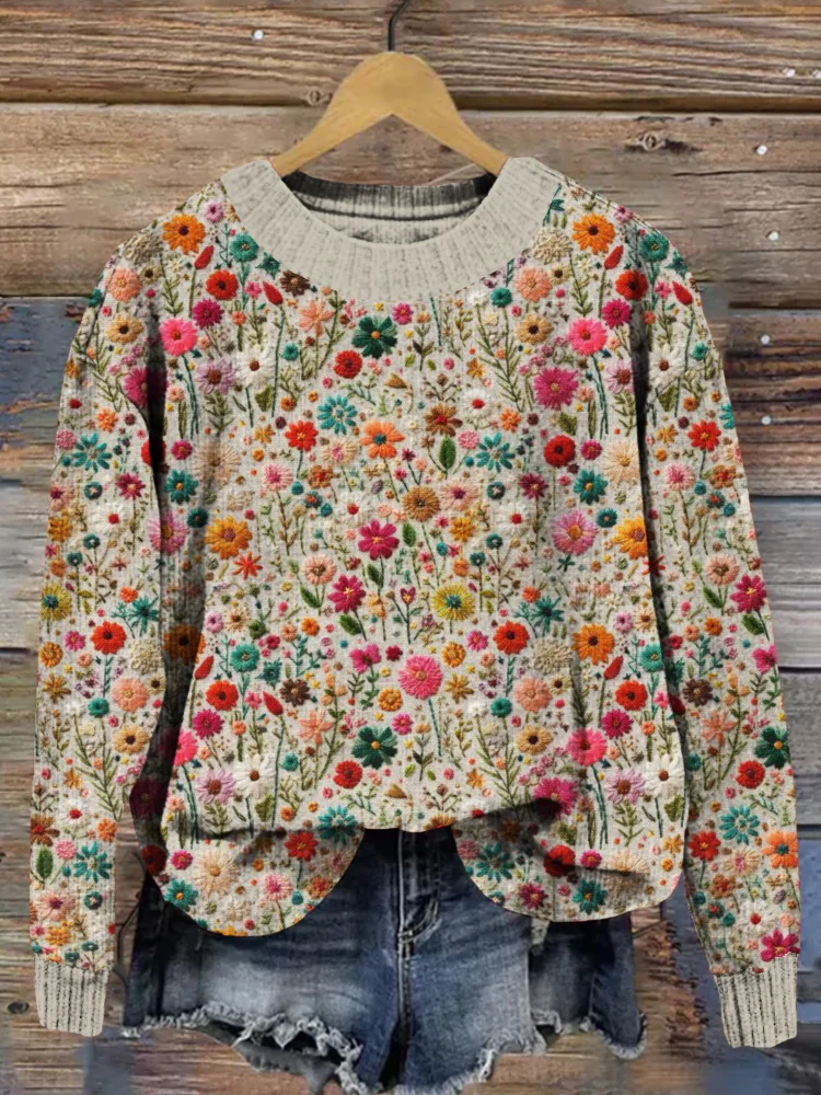 Comstylish Field of Flowers Embroidery Art Cozy Knit Sweater