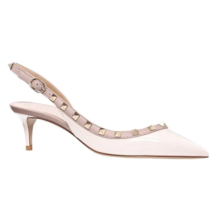 60mm Women's Midd Heels Pumps Rivets Buckle Closure White Sandals-vocosishoes