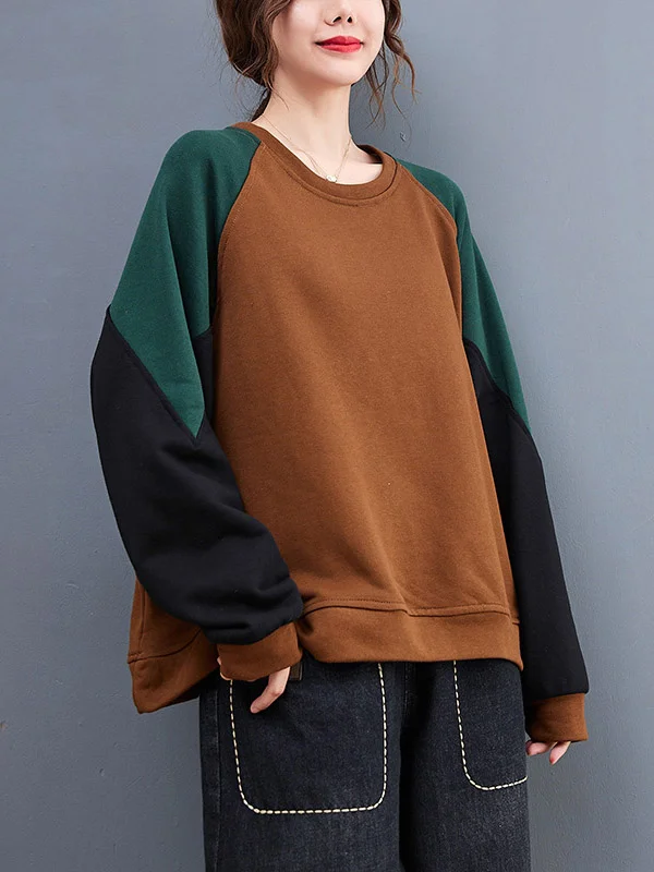 Vintage Roomy Split-Joint Contrast Color Round-Neck Long Sleeves Sweatshirt