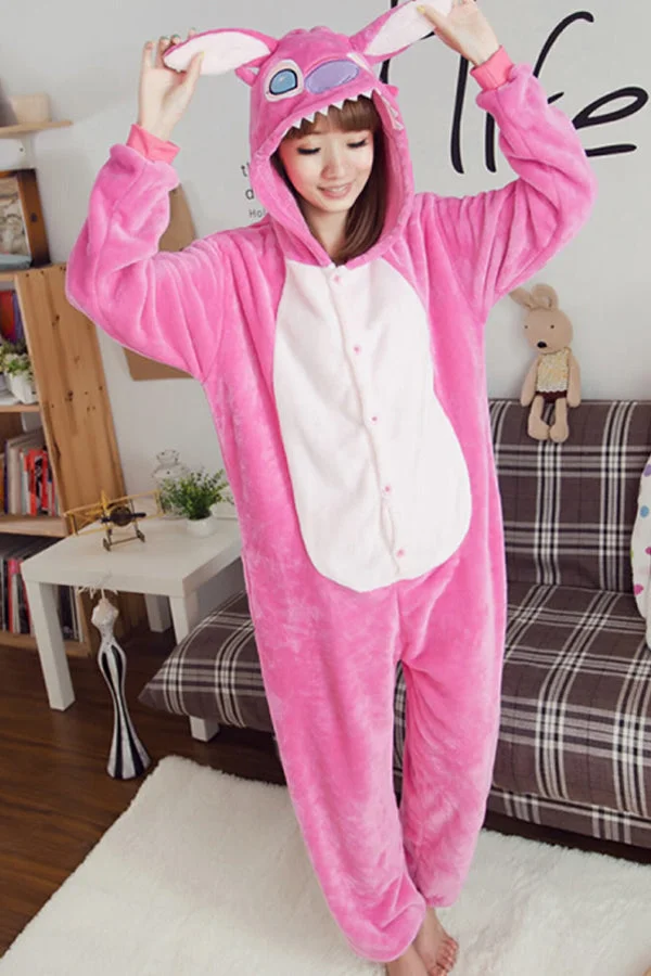 Womens Stitch Onesie Flannel Pink Pajamas Cute Costume-elleschic