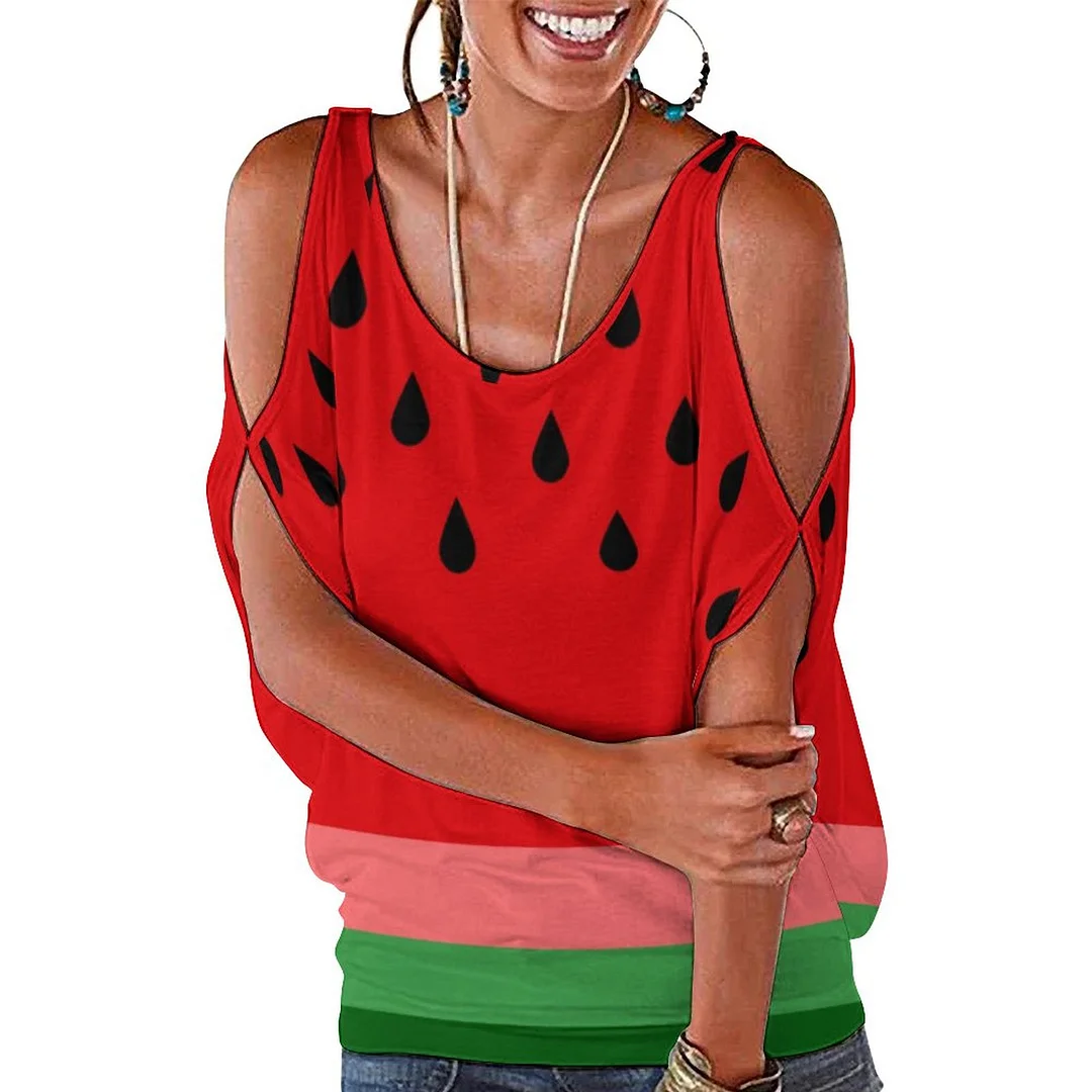 Watermelon Cold Shoulder Blouse Tops Loose O-Neck Short Sleeve Tee Shirts Summer Tunic