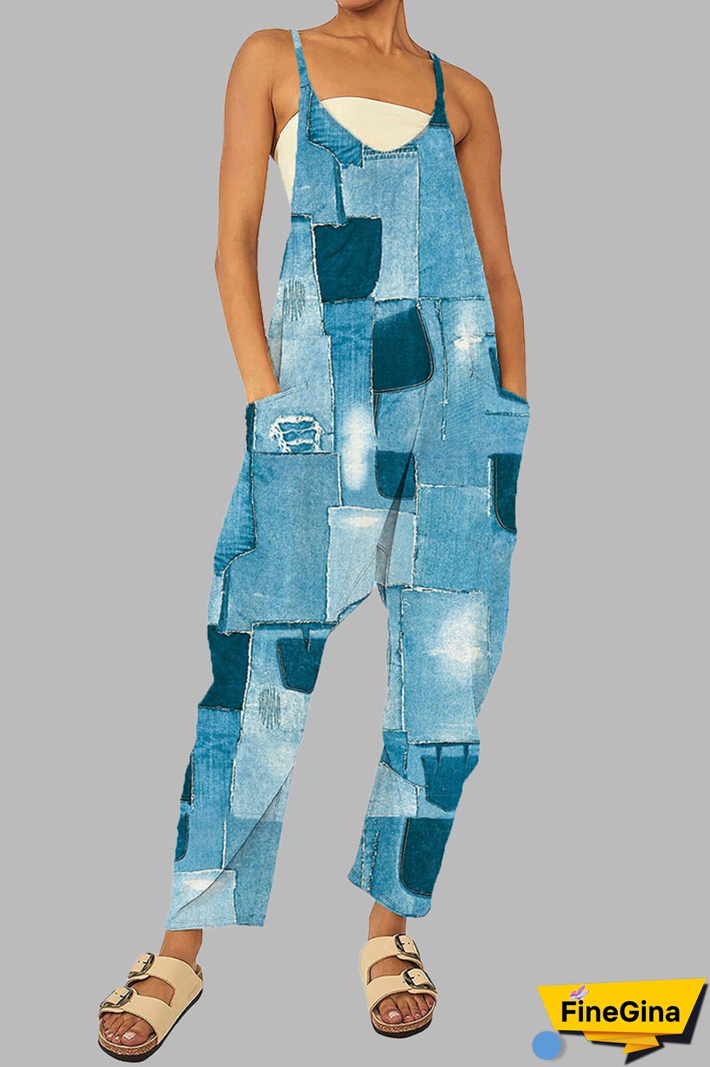 Black khaki Casual Gradual Change Print Patchwork Pocket Zipper Spaghetti Strap Loose Jumpsuits