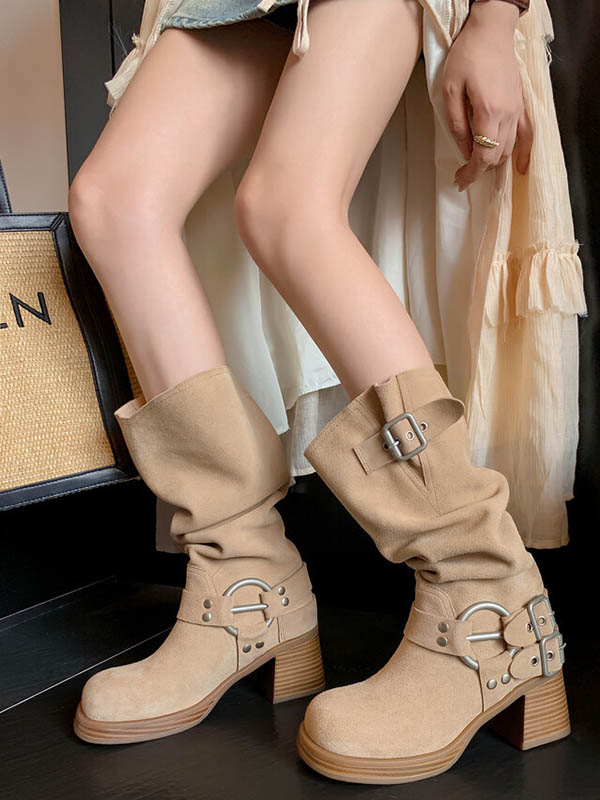 Buckle Round-Toe Split-Joint Velvet Boots Pumps