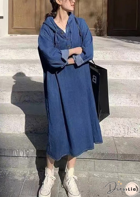 French Navy Hooded Button Patchwork Denim Dress Spring