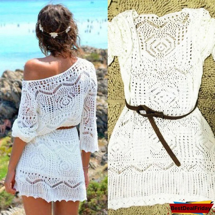 Fashion Womens White Summer Boho Sexy Lace Hollow Knit Bikini Swimwear Cover Up Crochet Beach Mini Dress Tops Blouse