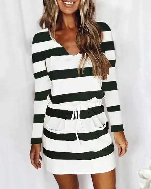 V Neck Drawstring Striped Dress