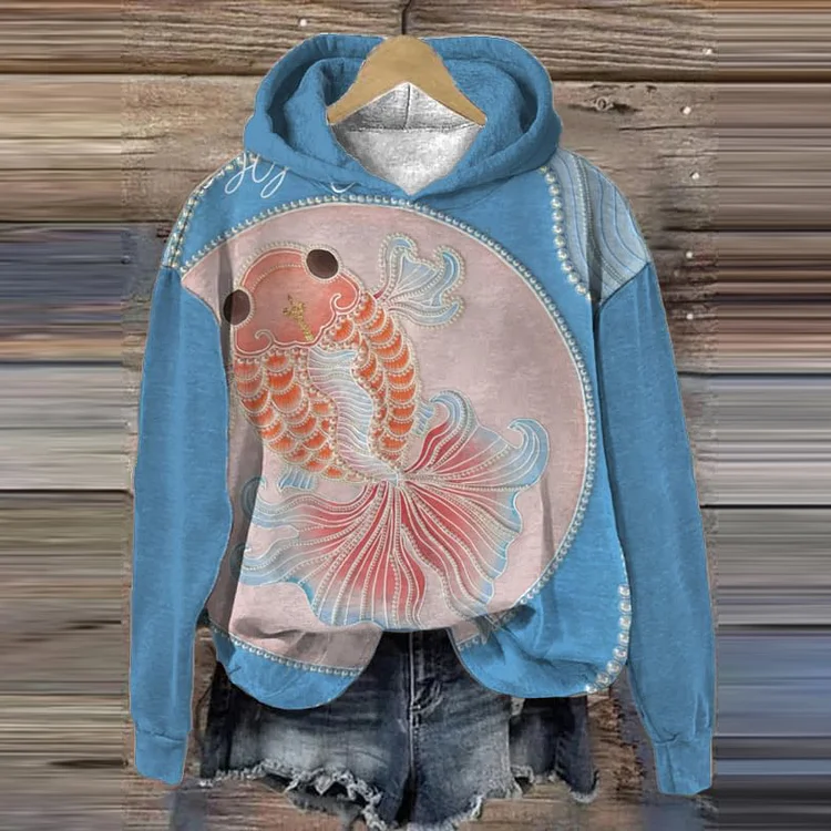 Comstylish Women's  Colorblock Goldfish Pearl Art Print Hoodie