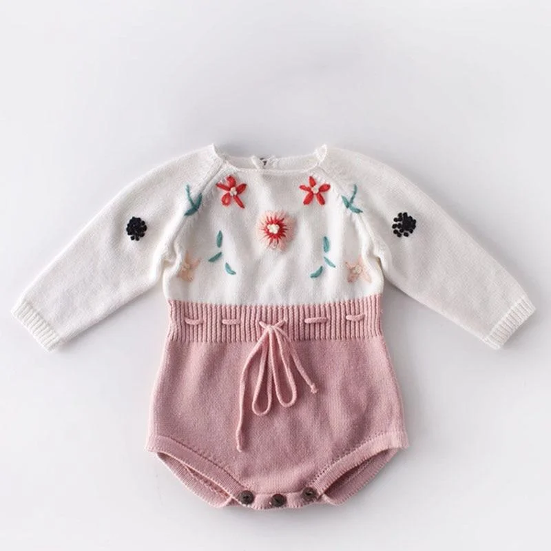 Spring Autumn Newborn Girls Lotus Leaf Collar Floral Jumpsuits Clothes Baby Knit Rompers Knitted Long Sleeve Children Rompers