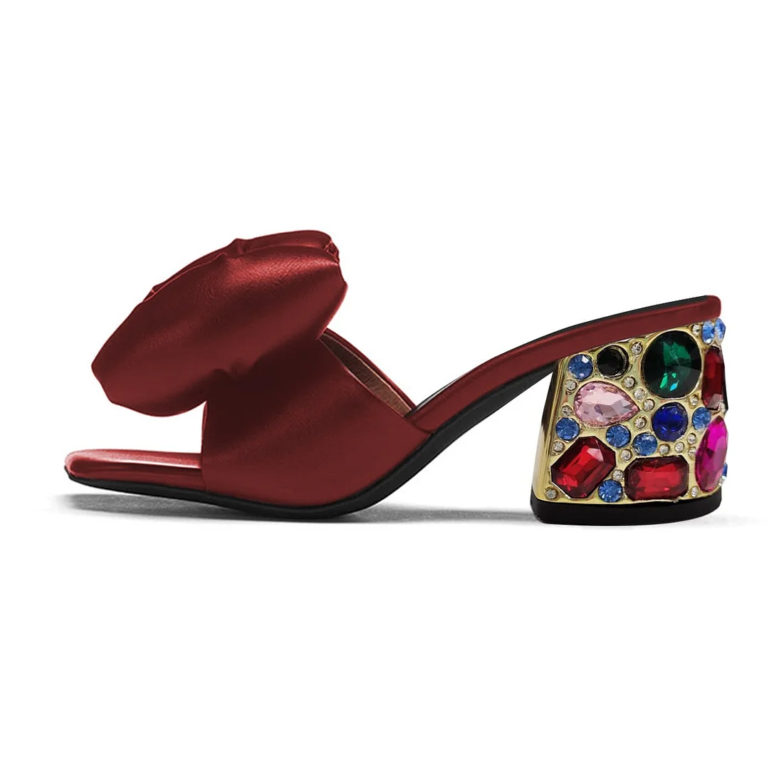 Maroon Open Square Toe Wide Band Rhinestone Bow Mules for Women