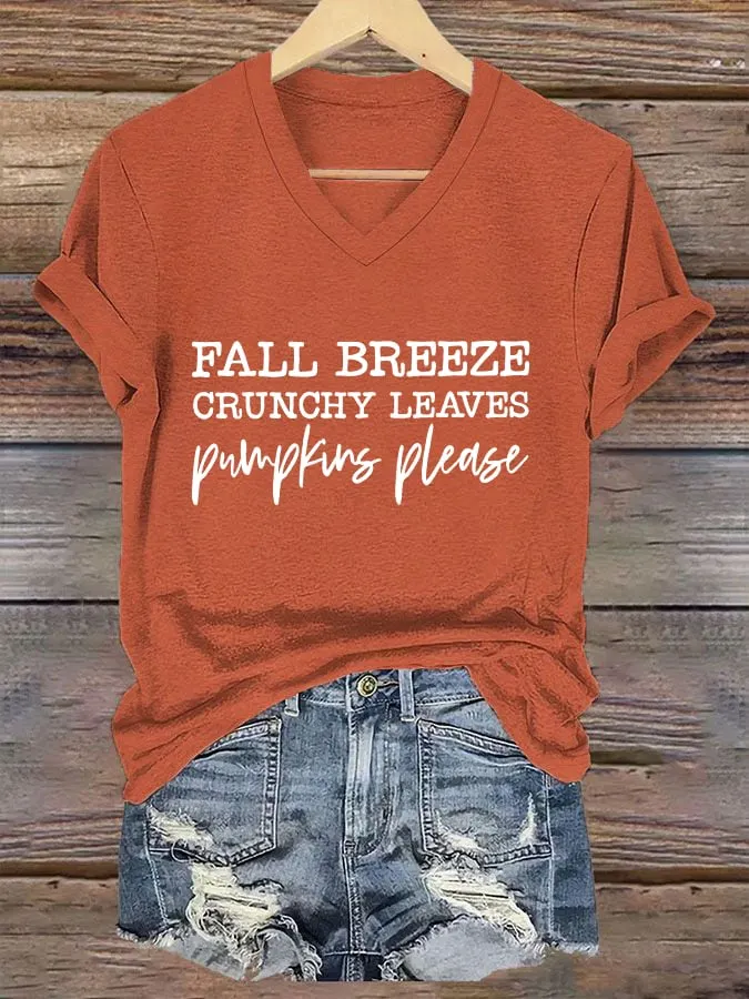 Women's FFall Breeze Crunchy Leaves Pumpkins Please Casual V-Neck Tee 
