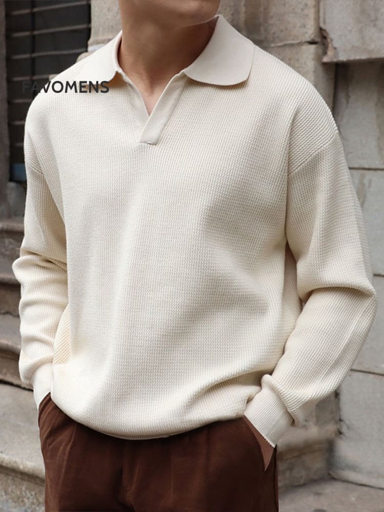 Men’s V-Neck Sweater Retro Polo Long Sleeve Autumn And Winter Bottoming Apricot / M