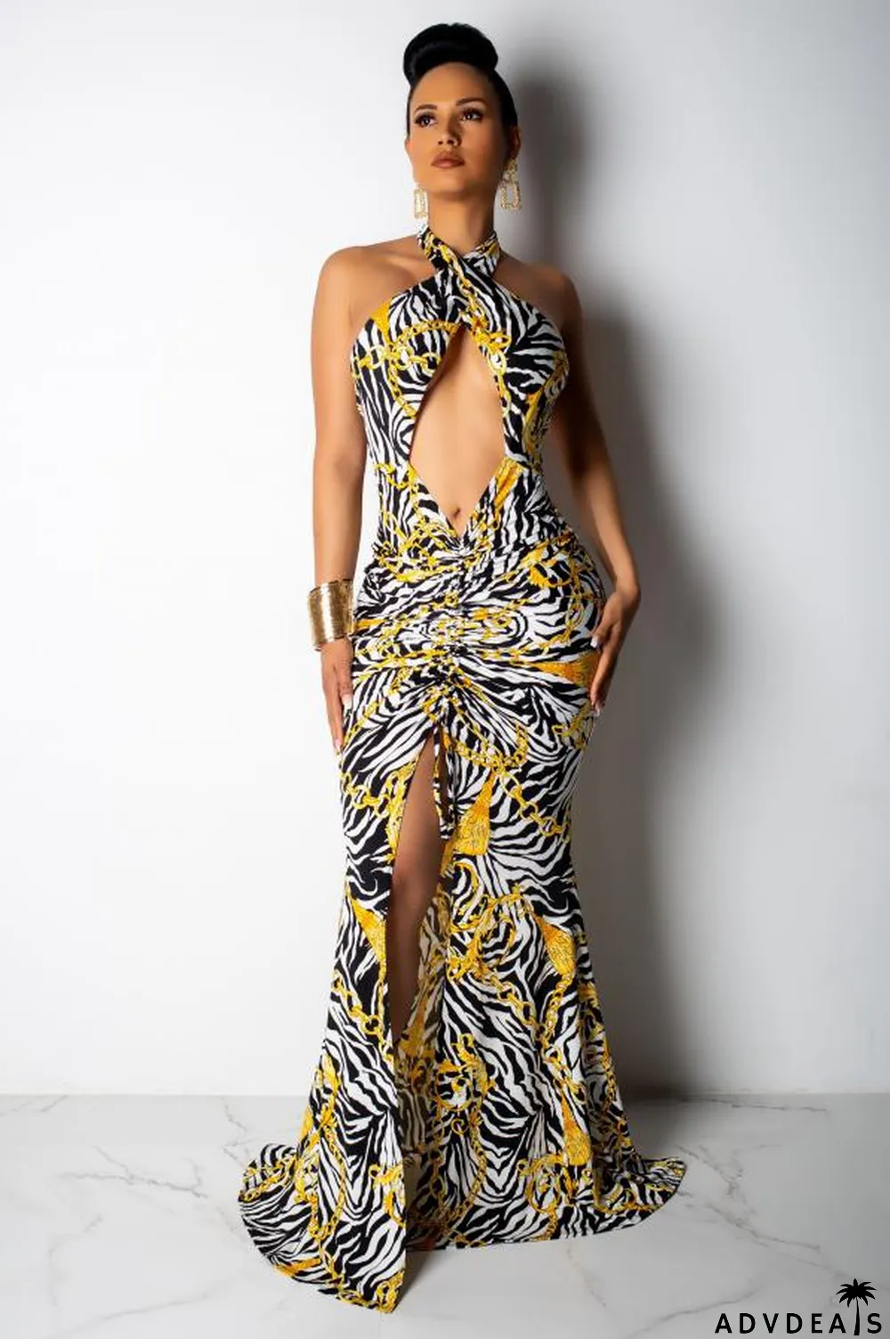 Multi-color Polyester Sexy Fashion Tank Sleeveless V Neck A-Line Floor-Length Print backless Patchwork hollow ou