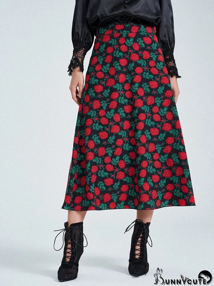 Random Allover Rose Print A-line Skirt For Women