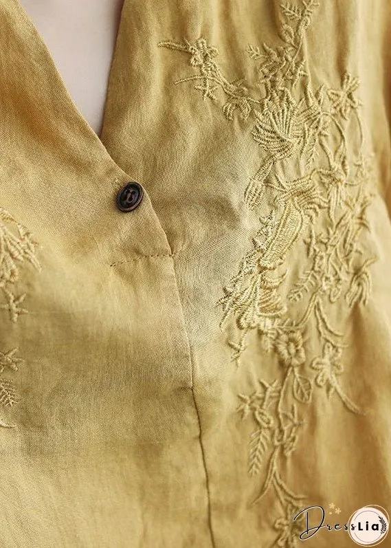 Women Coffee V Neck Embroideried Wrinkled Linen Blouse Top Lantern Sleeve