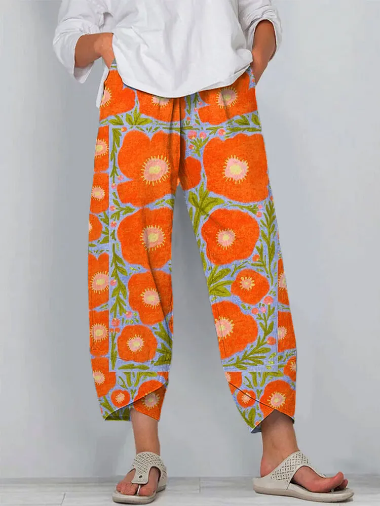 Women's Floral Art Printed Cotton And Linen Casual Pants