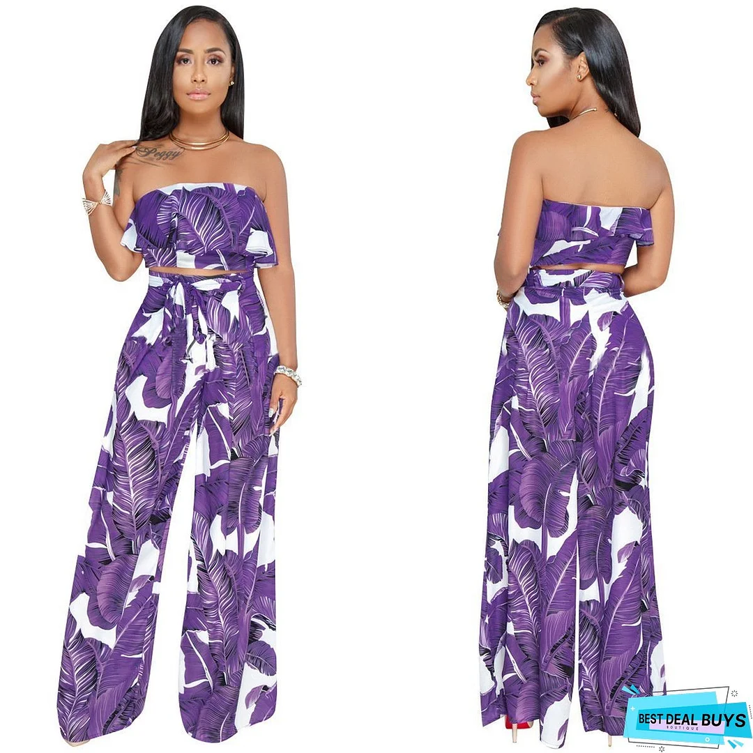 SEXY PRINTING STRAPLESS FLOUNCE TOP WIDE-LEG TROUSERS SUIT