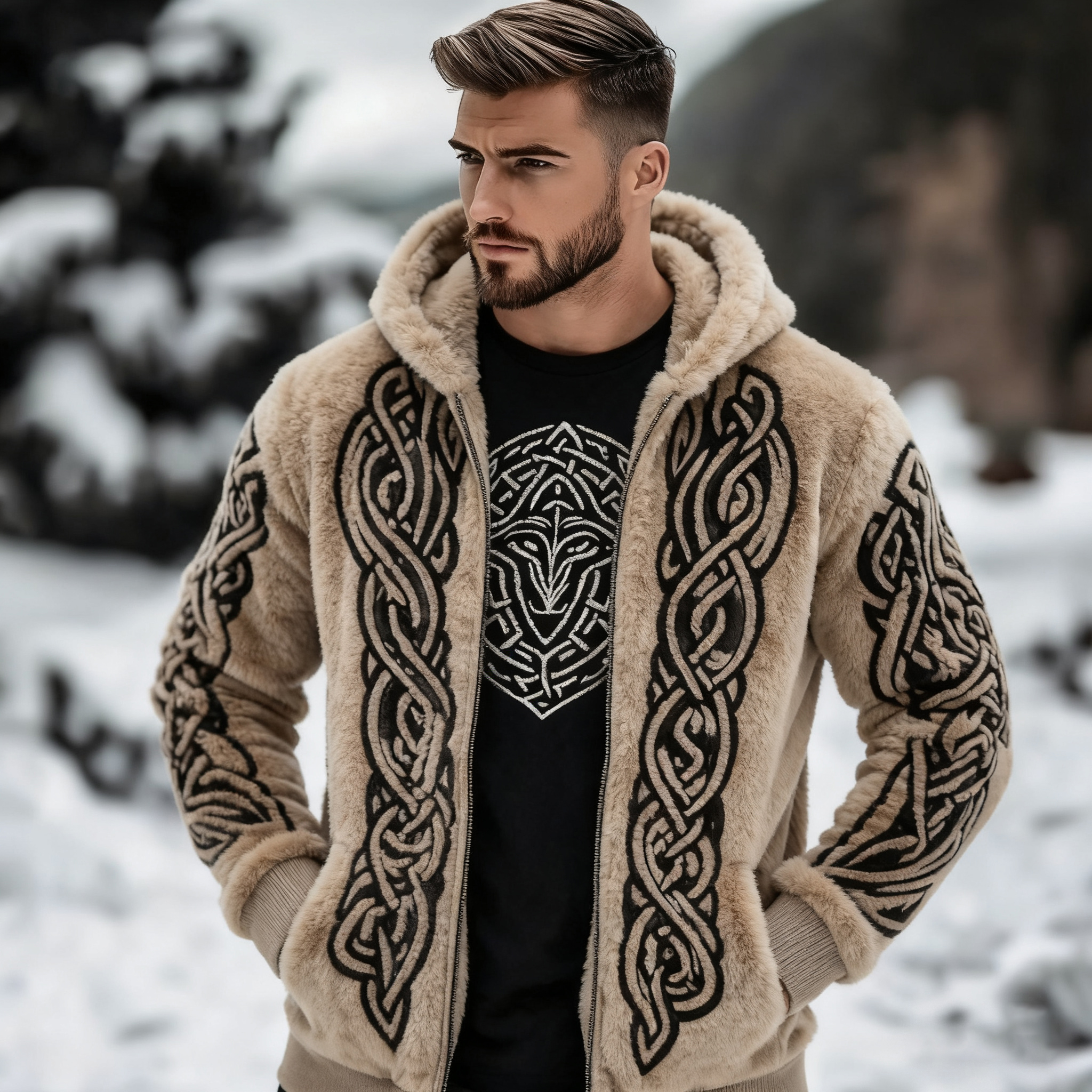 Men's Retro Celtic Knot Pattern Plush Zip-up Jacket elevenforest