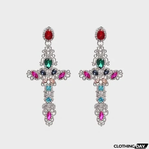 Rhinestone Alloy Cross Earrings