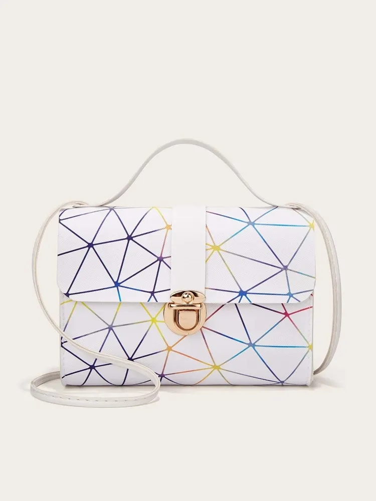 Geometric Graphic Push Lock Flap Chain Bag