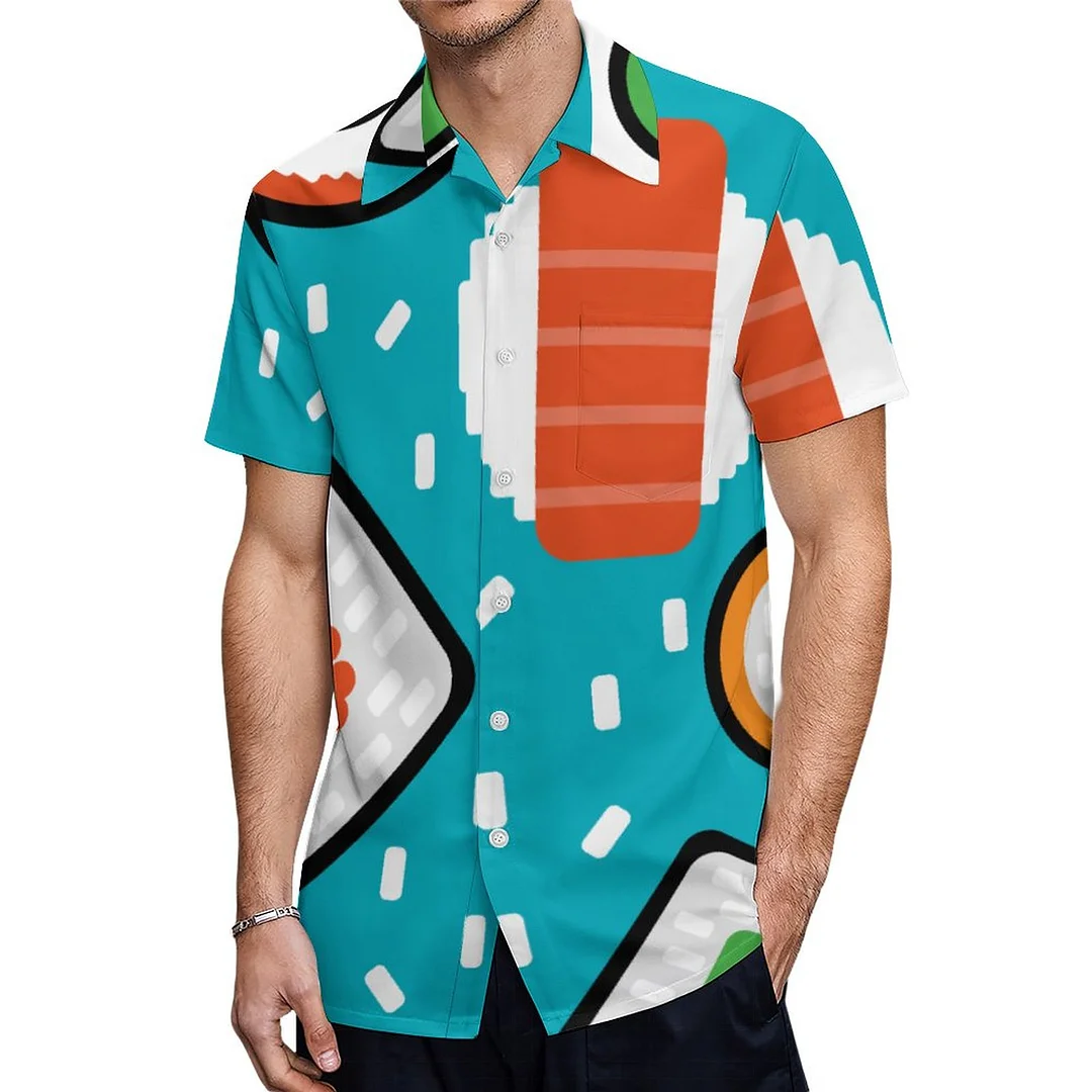 Short Sleeve Fun Seamless Pixel Sushi Cartoon Hawaiian Shirt Mens Button Down Plus Size Tropical Hawaii Beach Shirts