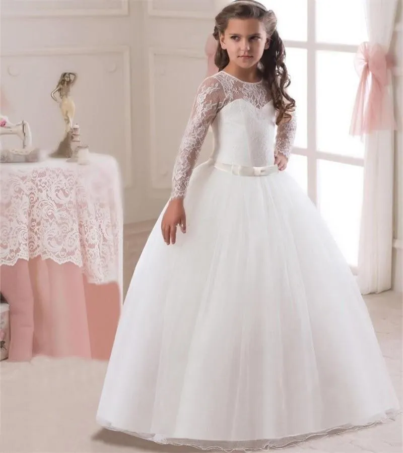 2021 Ankle Length Lace Long Sleeve Ruffle Long Dress Piano Party Performance Costume Little Girl Princess Dress