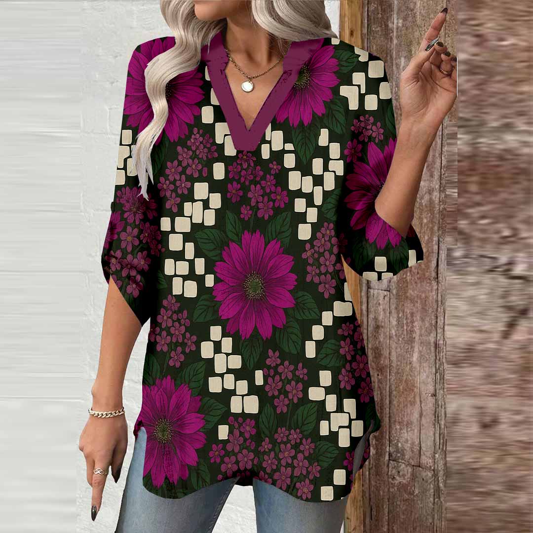 Women Polka Dots, Red, Black DZGA0399 3/4 Sleeve V-neck Printed Graphic Button Tops