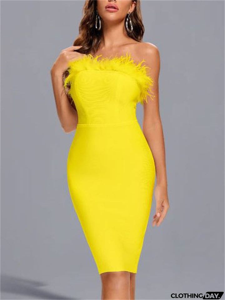 New Bodycon Slash Feathers Strapless Knee Length Dresses