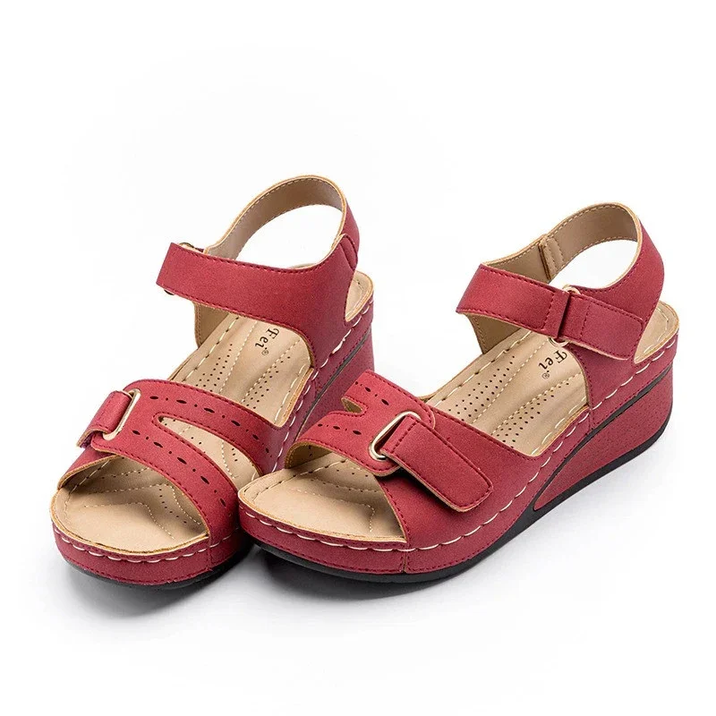 Women's Velcro Closure Leather Orthopedic Wedge Sandals With Arch Support