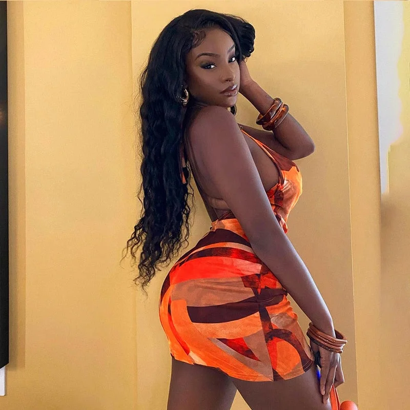 BIIKPIIK Backless Printing Mini Dresses For Women Vacation Outfits Sleeveless Halter Lace-up Bodycon Slim Sexy Beach Sundress