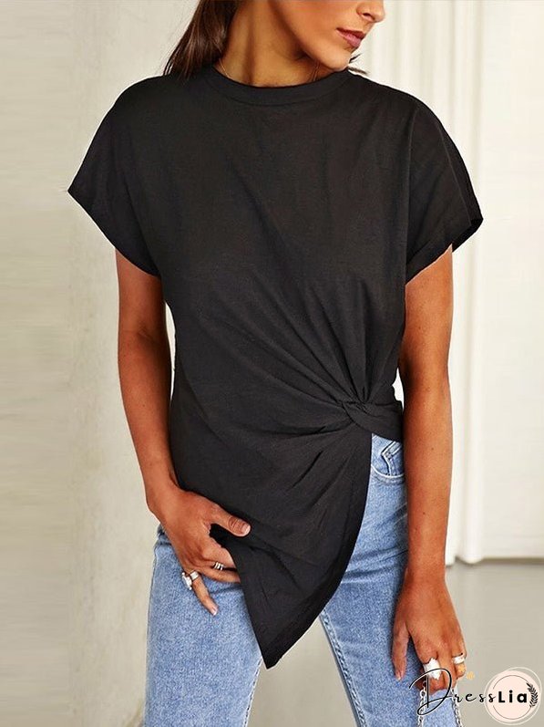 T-Shirts Solid Crew Neck Twist Short Sleeve T-Shirt for Women