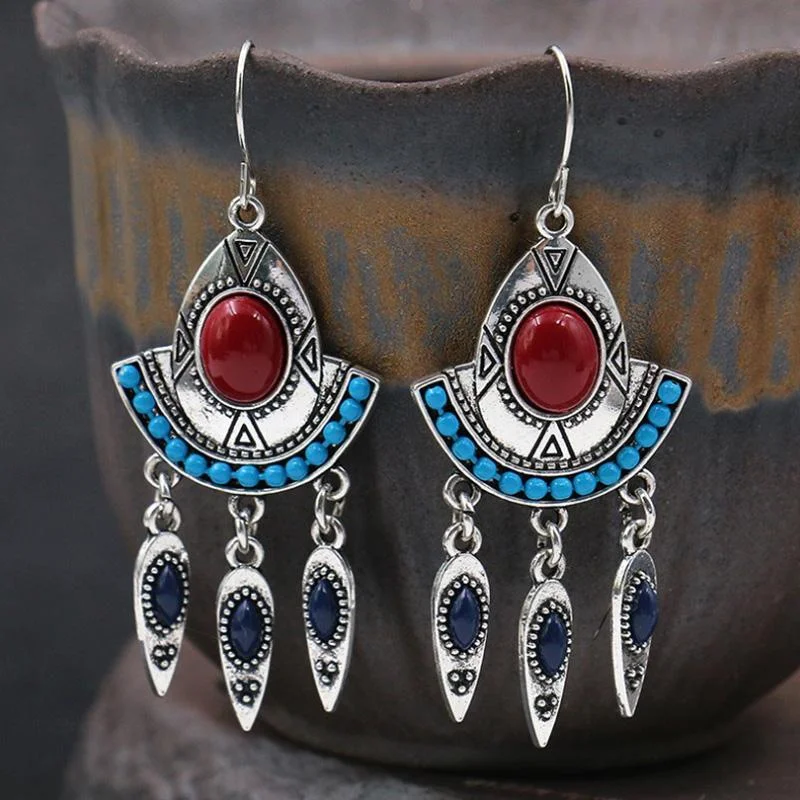 Bohemia Beads Embellished Tassel Turquoise Earrings