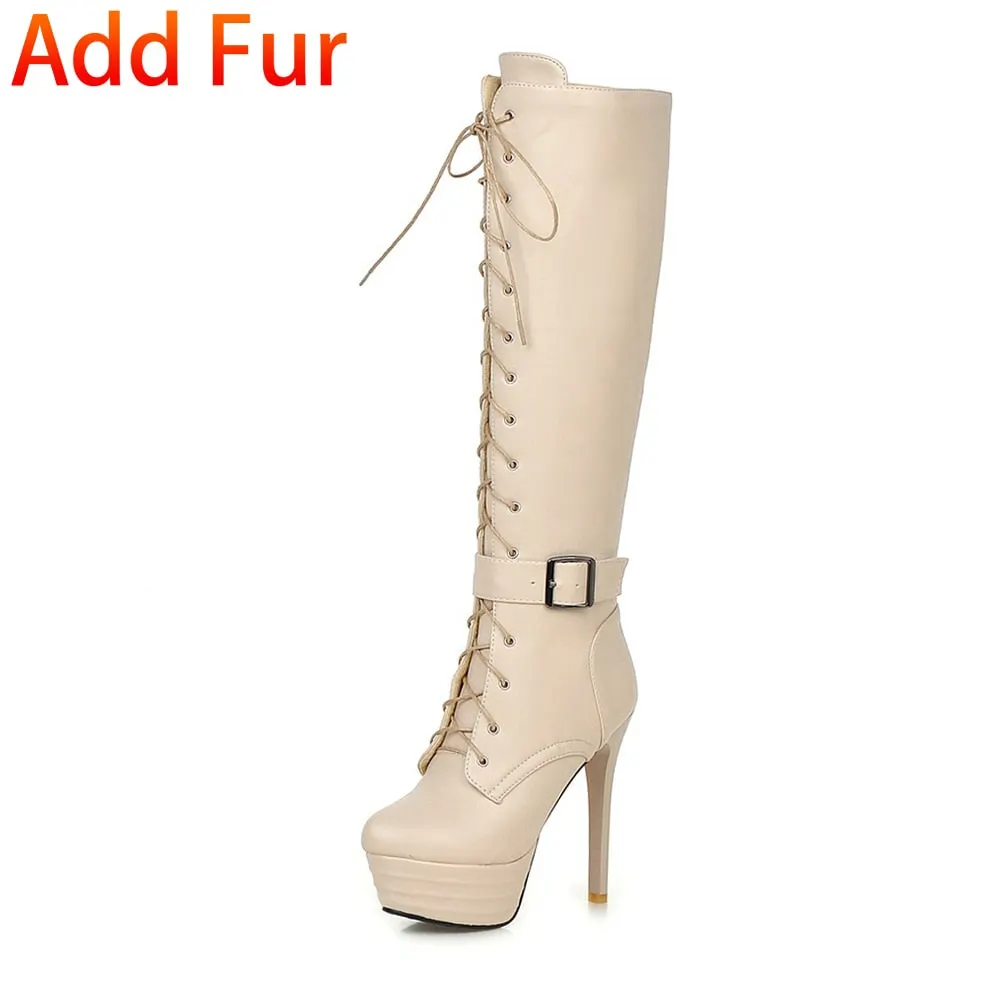 BONJOMARISA Plus Size 31-45 shoes lace 13 Cm Super High Heels Mortorcycle Boots Women 2020 Fashion High Platform Shoes Woman