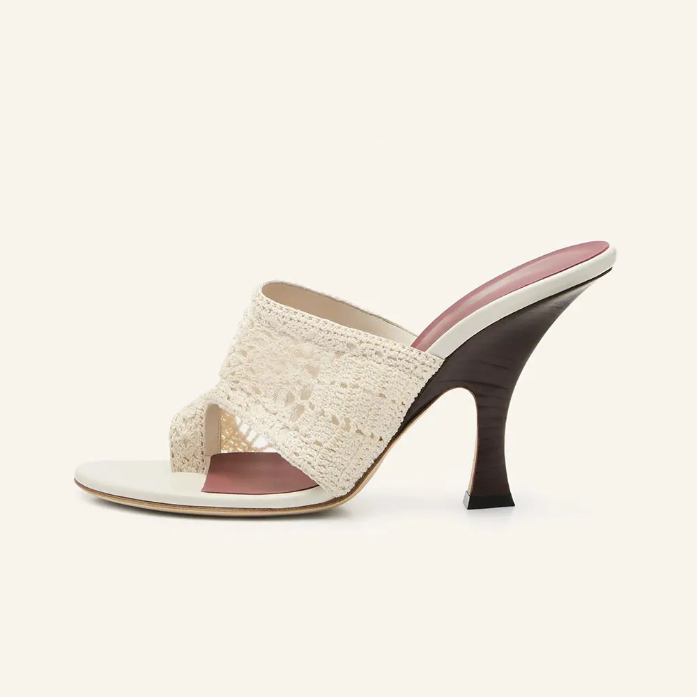 Women's Ivory Toe Loop Comfortable Crochet Cut Out Heeled Mules