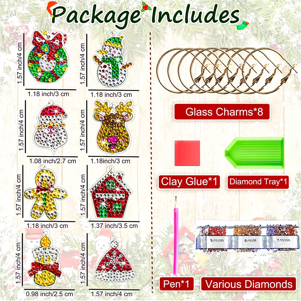 8pcs Diamond Painting Art Pendant Santa Diamond Wine Glass Charms Snowman Wreath
