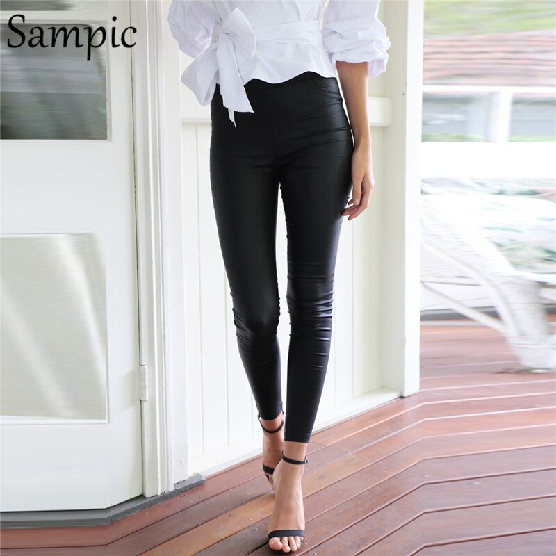 Sampic Fashion High Waist PU leather Crocodile Pattern Pants Thick Spring Women Bodycon Casual Streetwear Outfits Trousers 2020