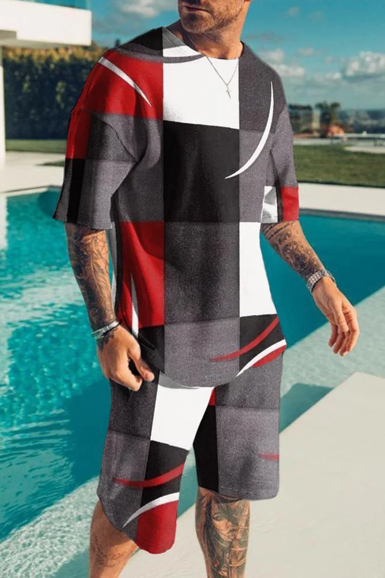 Tiboyz Men's Outfits Casual Fashion Plaid Print Two Piece Set