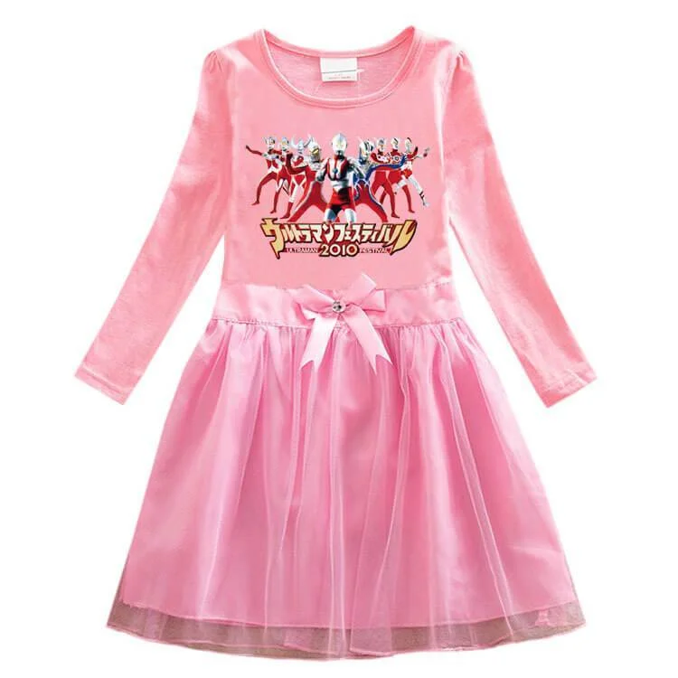 Ultraman 2010 Festival Print Girls Long Sleeve Cotton Bow Tulle Dress-Mayoulove