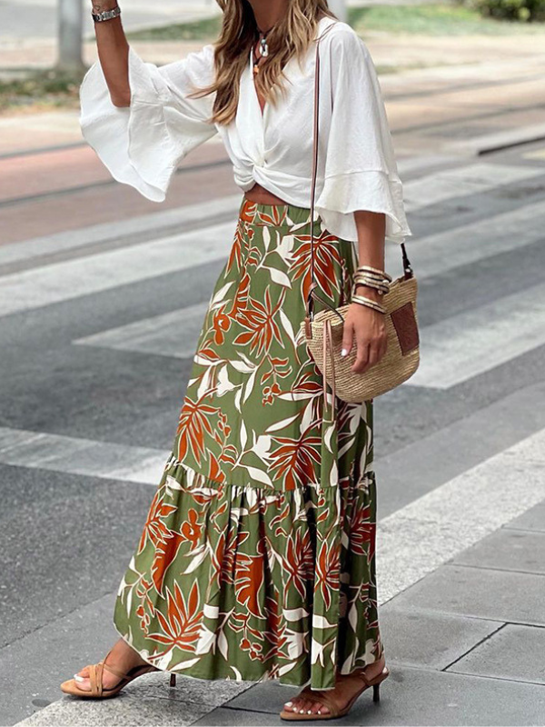 Women's 2024 Beach Skirt Leaf Print Drawstring Elastic Waist Maxi Skirt