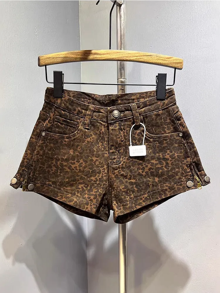 Leopard Print Low Rise Denim Shorts for Women Figure Flattering