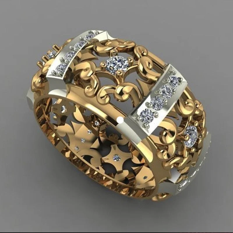 Huitan 2019 New Ethnic Strength Ring Fashion Gold Color Hollow Band Geometric Cubic Zircon Stone Hot Selling Engagement Ring