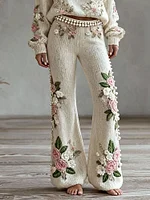 Women's Pink Floral Embroidered Art Knit Pants